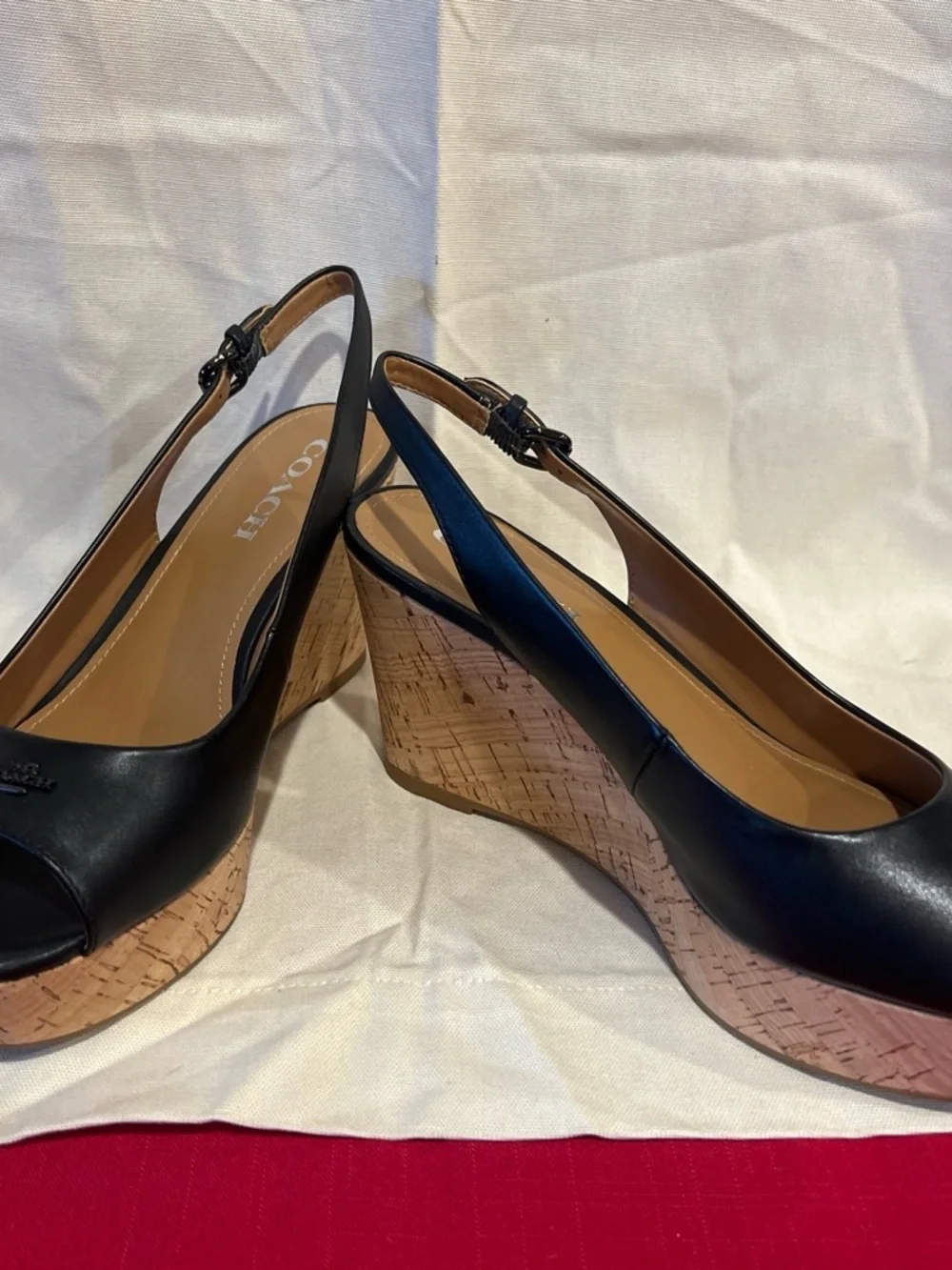 COACH Black Leather Peep-Toe Cork Wedge Slingbacks